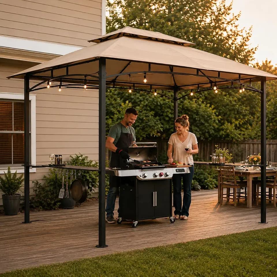 Garvee 8x5 Grill Gazebo, Outdoor BBQ Canopy Shelter with Double Tiered Roof Ventilation - Heavy Duty Patio Canopy Tent Steel Frame for Backyard Garden Lawn Grilling Party Picnic Cooking Events, Brown