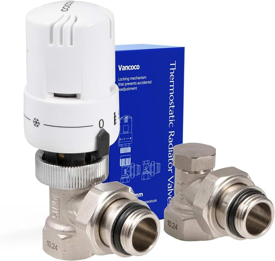 VANCOCO 1/2" Eck Weiß Thermostatventil + Rücklaufventil Set Dichtring