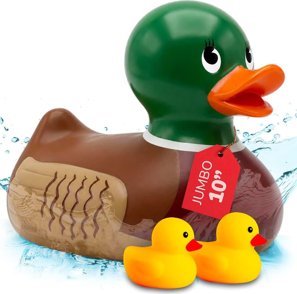 Wavely Giant Rubber Mallard Duck Bath Toy - 10.5” Large Realistic Rubber Duck Bath Toy Set with 2 Mini Yellow Duckies - Bathtub Shower Toys for Kids Ages 3+