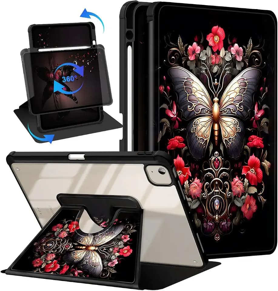 Casetego for iPad Air 11 Inch Case M2(2024),iPad Air 5th Gen(2022)/iPad Air 4th Gen(2020) 10.9 Inch Case with Pencil Holder,360°Rotating Adjustable Stand Protective Cover,Black