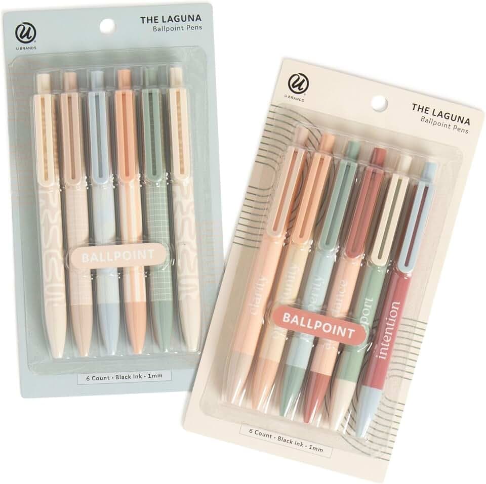 U Brands The Laguna Ballpoint Pens, 2 Pack (12 Total), 1mm, Black Ink, Neutral Affirmations Design, U-Clip, Ballpoint Tip