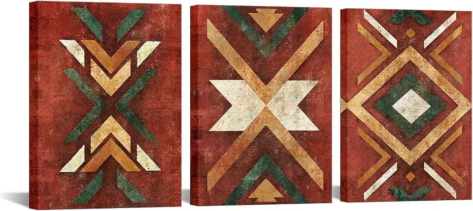 LevvArts Aztec Wall Decor Native American Navajo Tribal Painting Vintage Western Home Decor Southwestern Boho Bedroom Bathroom Living Room Decorations (Red)
