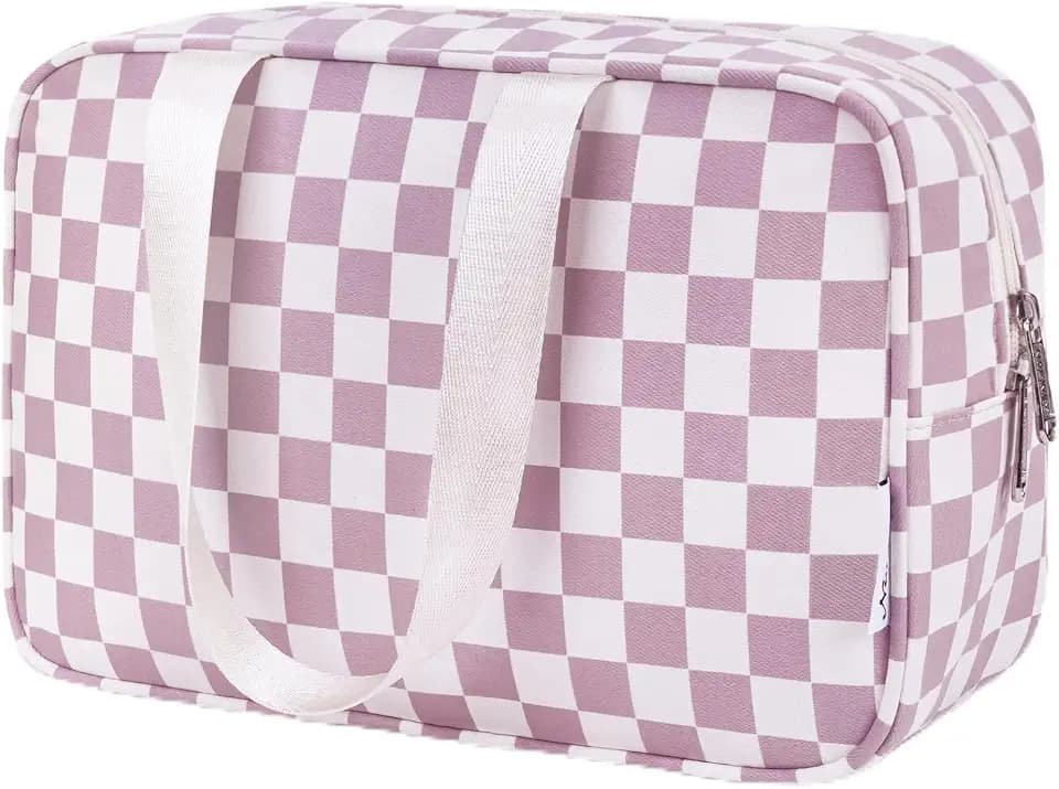 Narwey Large Checkered Travel Toiletry Bag Women Toiletries Bag Pink Makeup Bag Organizer Make up bag Cosmetic Bag Medicine Bag for Girls (Dusty Rose Checkerboard, Large)