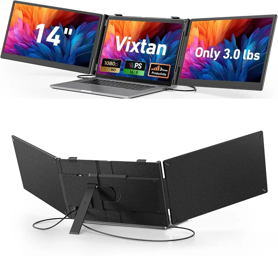 Vixtan 14" Triple Laptop Screen Extender, 3.0 lbs Lightweight FHD IPS Portable Monitor for Laptop, USB-C Plug & Play Multi Screen Attachment for 13-17.3" laptops with Windows/Mac/Chrome