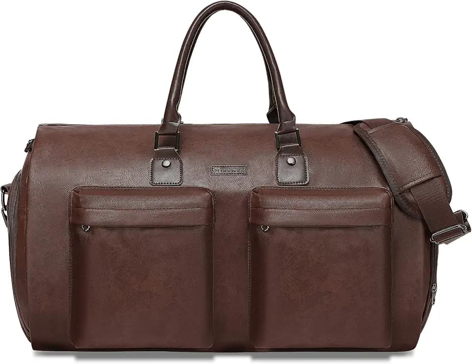 Modoker Wandelbarer Kleidersack aus Leder, Handgepäck für die Reise, wasserdichter Kleidersack, Geschenke für Männer, Frauen, Business – 2 in 1 hängender Koffer, Anzug, Reisetaschen, braun