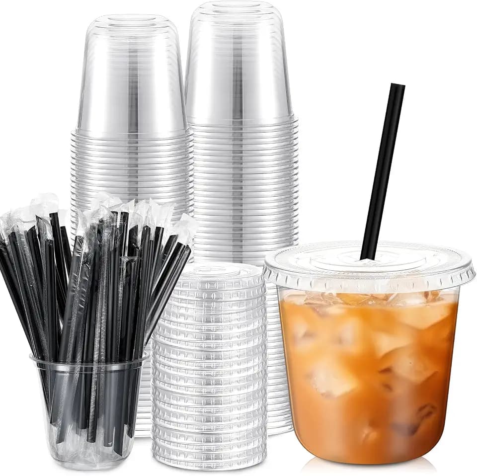Ziliny 50 Sets 10 oz Clear Plastic Iced Coffee Cups with Lids and Straws