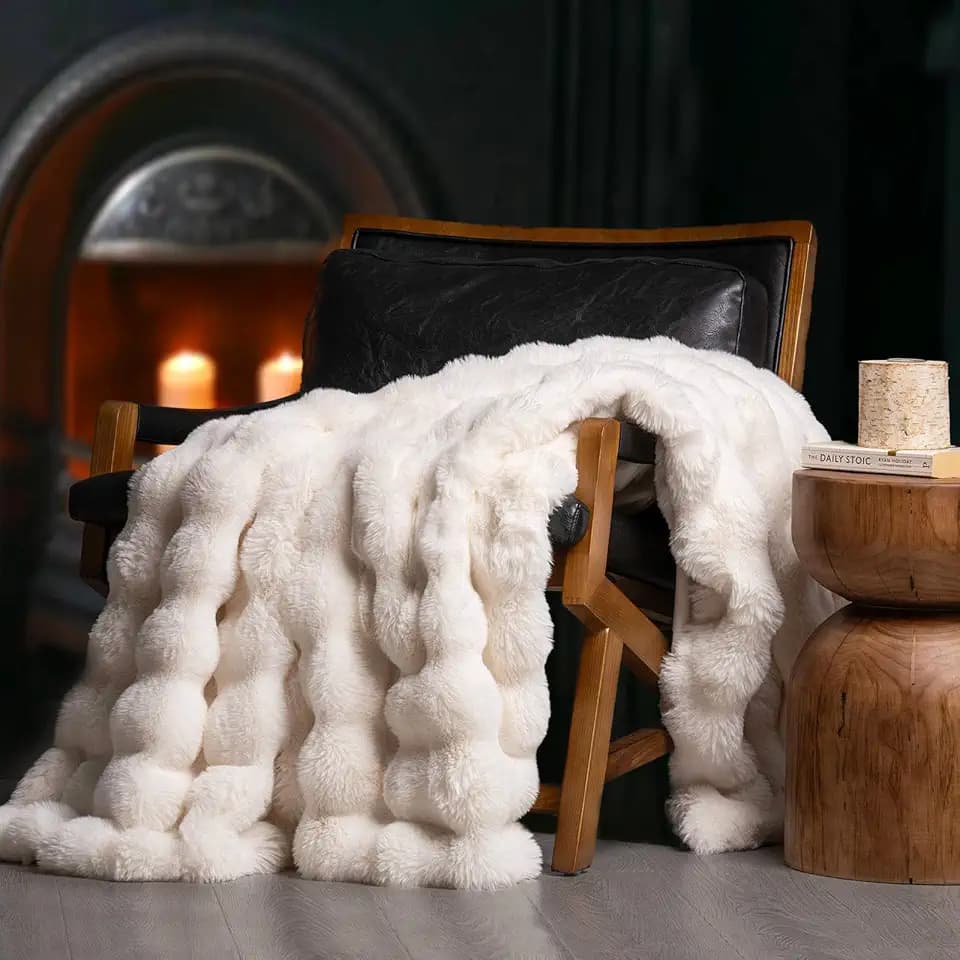EverGrace Faux Rabbit Fur Bubble Throw Blanket, 50"x60", Ivory White