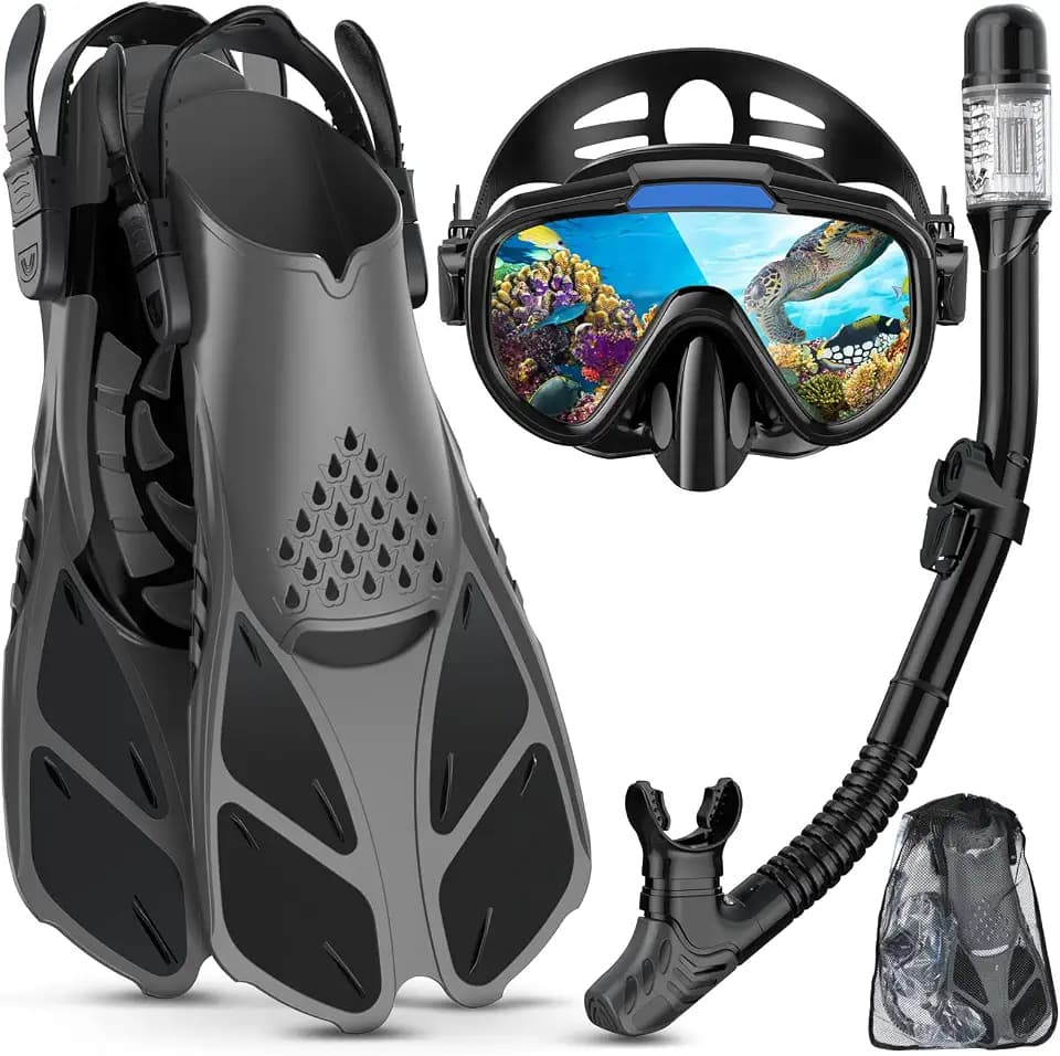 Schnorchelset Erwachsene mit Verstellbare Taucherflossen Anti-Leck & Anti-Fog Taucherbrille und Dry Schnorchel, 3 in 1 Professionell Schnorcheln Set für Schnorcheln und Schwimmen