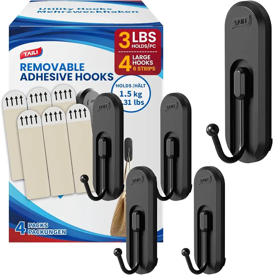 TAILI Adhesive Large Hooks for Hanging, 4 Coat Hooks & 6 Strips, Black