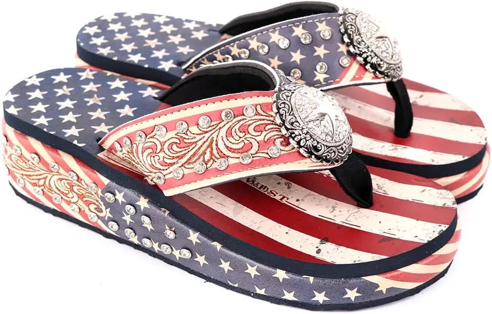 Montana West American Flag Flip Flops for Women Patriotic Sandals Summer Jeweled Wedge Flip Flop Red CW-US06-S089RD-7