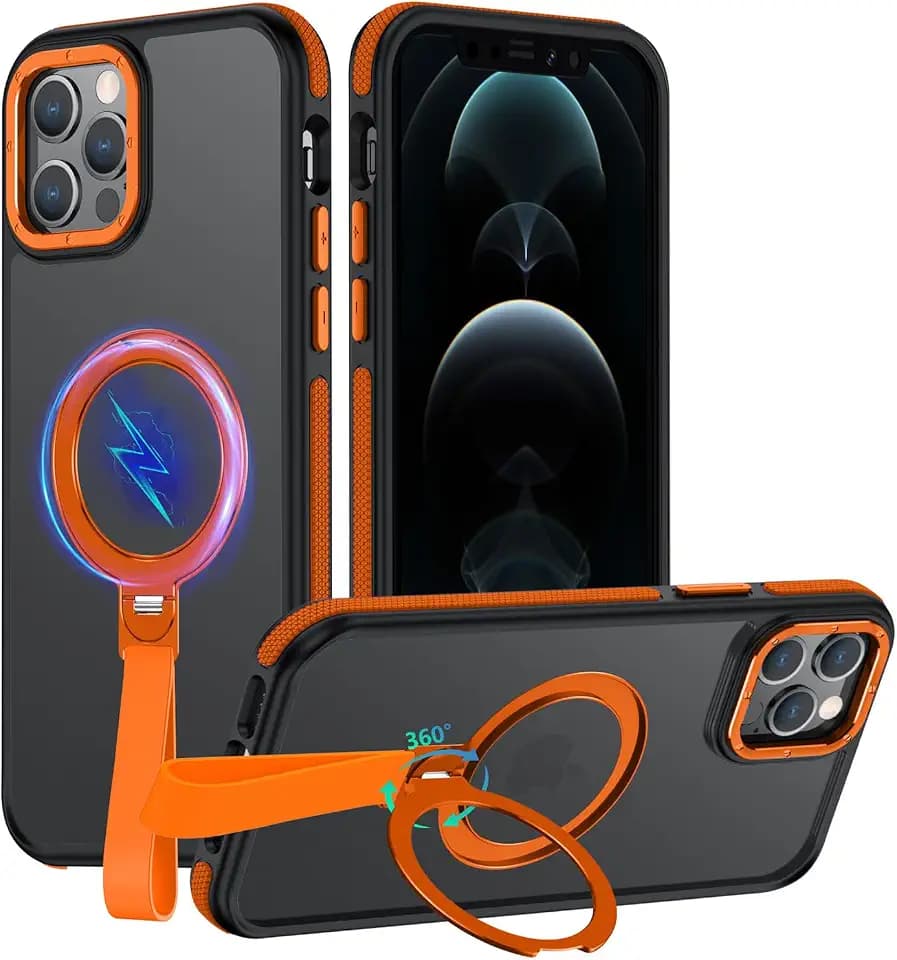 for iPhone 12 Case/iPhone 12 Pro Case with 360 Spin Magnetic Stand-Finger Strap, [Fit for MagSafe][Mil-Grade Protection] Ring Holder Kickstand Translucent Matte Phone Case 6.1" (Orange) 12