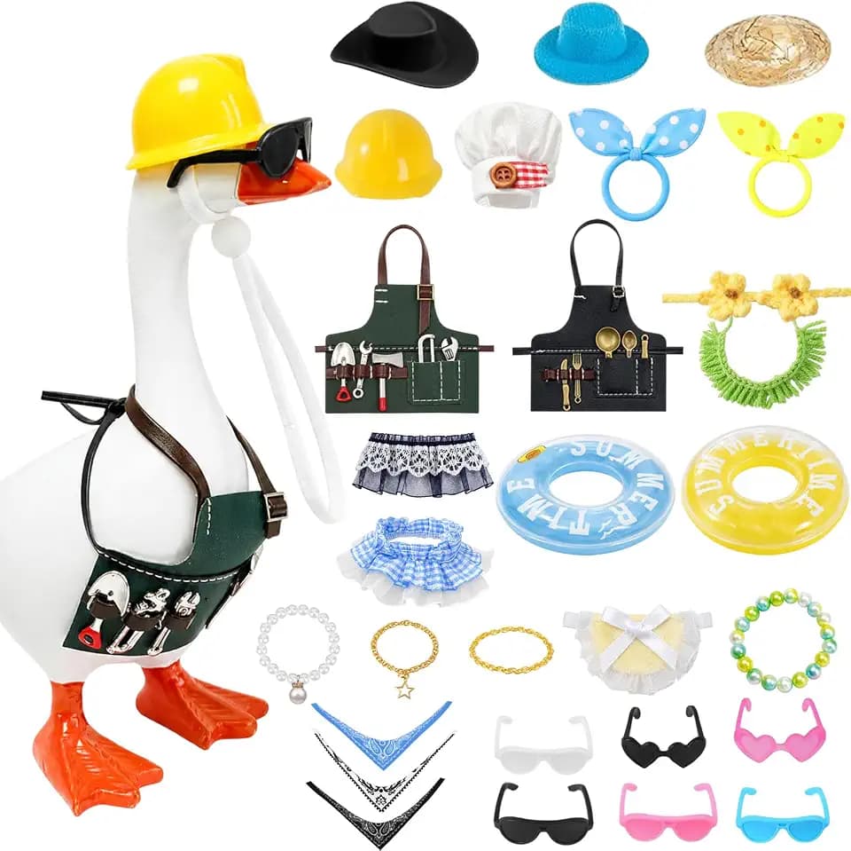 28PCS Desk Goose Outfit Set, Funny Summer Clothes Accessories for 7” Figure, Mix & Match Chef, Handyman and Hawaiian Styles, for Friends & Coworkers (Goose Not Included)