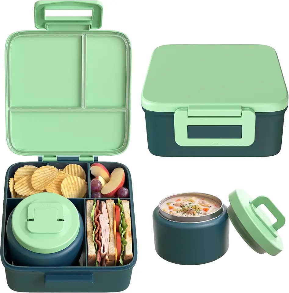 MAISON HUIS Bento Lunch Box with 8oz Soup Thermo, 5-Compartment Leak-Proof Container, Thermo Hot Food Jar and Insulated Lunch Bag, BPA Free,Travel, School (Green)
