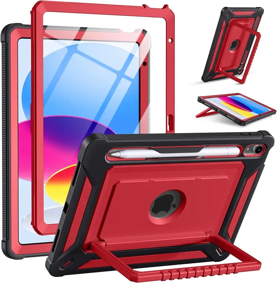 Akkerds for iPad A16 case 11th Generation 11 Inch 2025 - for iPad 10th Generation case 10.9 Inch 2022 with Pencil Holder - Screen Protector and Kickstand - Heavy Duty Rugged Protective Cover - Red