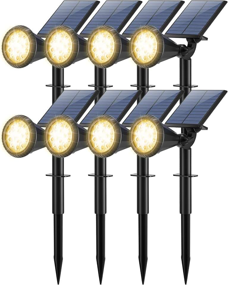 Tadyreal 8 Pack Solar Spot Lights Outdoor Waterproof 180 Adjustable Solar Powered Landscape Lights for Yard, Garden, Pathway, Porch, Pool, Wall, 4 Lighting Modes, Warm White