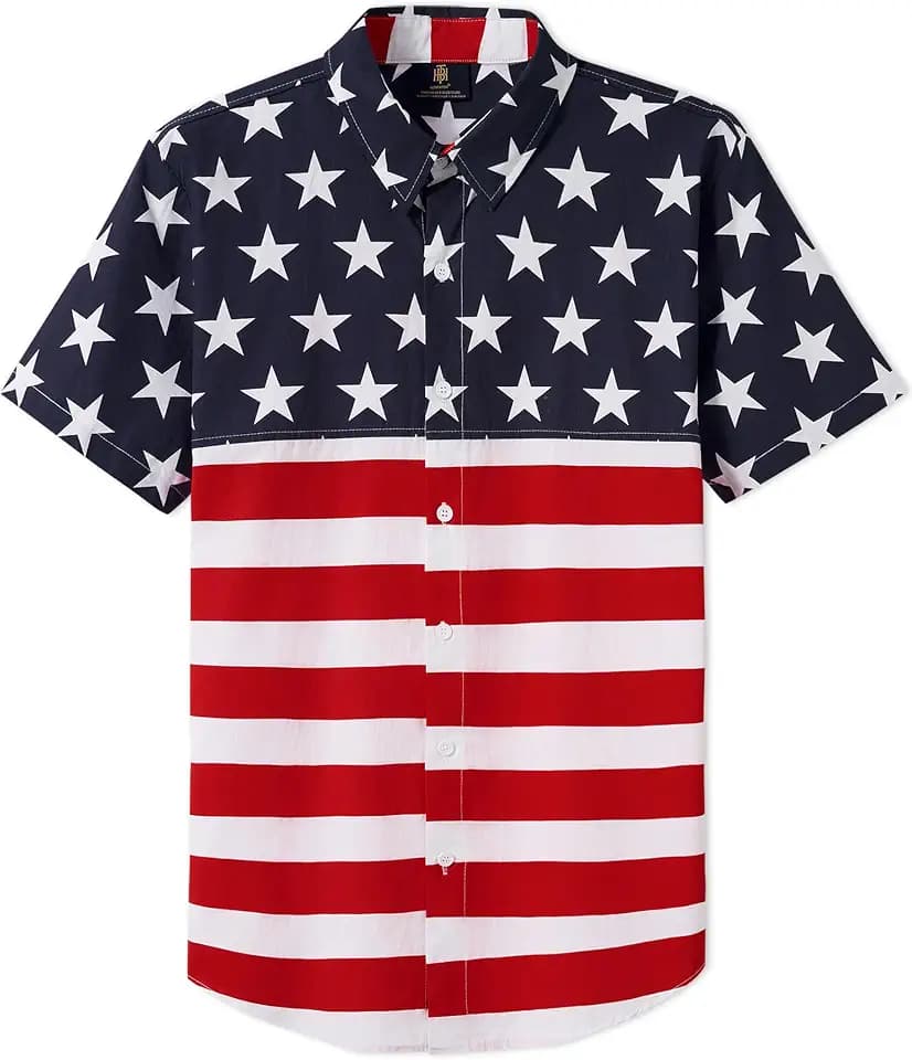Herberton Men American Flag Cotton Button Up Shirts 4th of July Patriotic Short Sleeve Shirts(S-3XL)