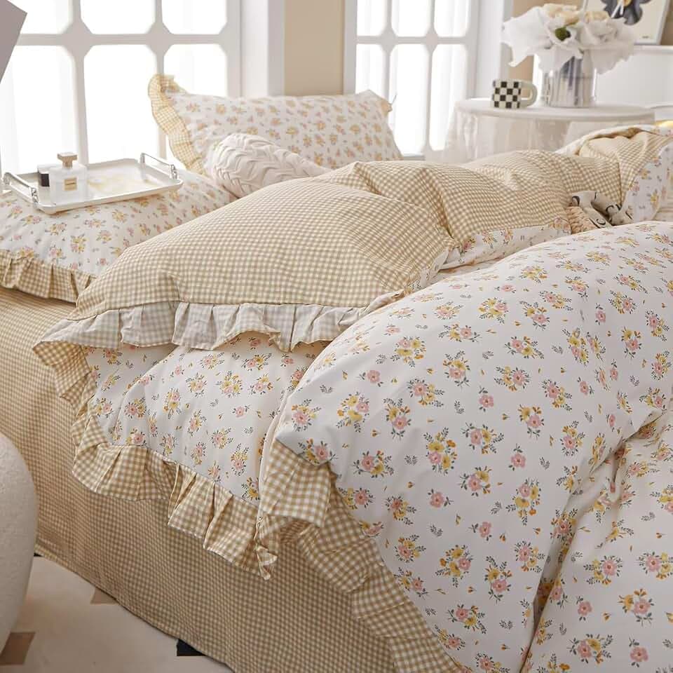 MKXI Full Size Pink & Yellow Floral Ruffled Comforter Set - 3 Piece Cottagecore Style Reversible Bed Set with Beige Plaid Pattern, Soft Aesthetic Bedding Set for Girls Wome