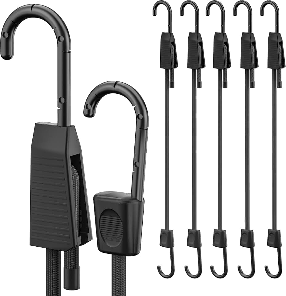 Rugtol Expander mit Haken, 6er Set Verstellbar Spanngummi 45 cm Schwarz, 100% Latex Gummispanner mit Stahlhaken und kratzfester Kunststoffbeschichtung für Zelt, Gepäck oder Garten, Outdoor Allzweck