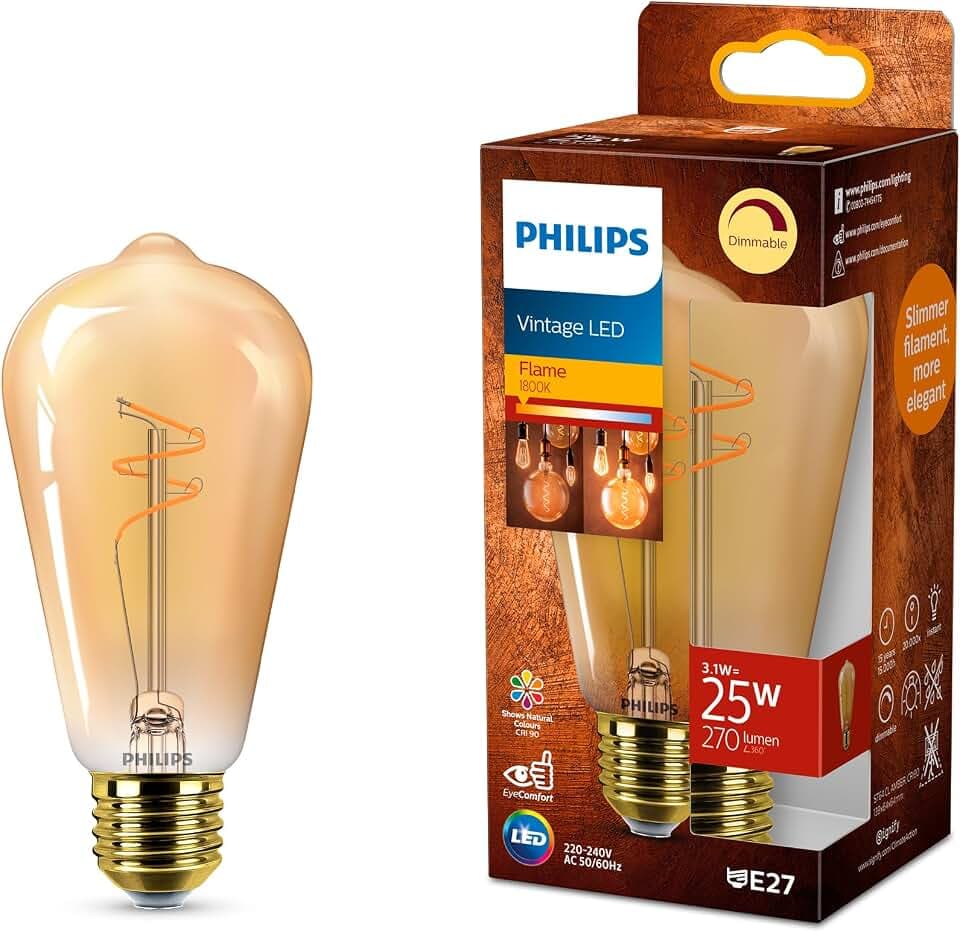 PHILIPS Vintage Amber Spiral ST64 Lampe, dimmbar, flimmerfrei, EyeComfort, 270 Lumen, Flame (1800 K), 3.1 W=25 W, E27 Sockel, 1er Pack