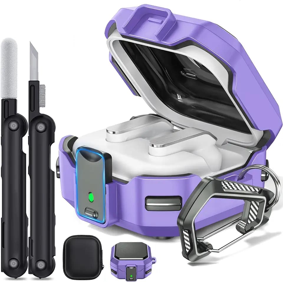 with Safety Lock for Galaxy Buds 4 & Buds 4 Pro Case, Protective Case for Samsung Galaxy Buds 4 Pro 2026, Shockproof Hard Shell Cover with Cleaning Kit & Carabiner for Men Women (Purple)