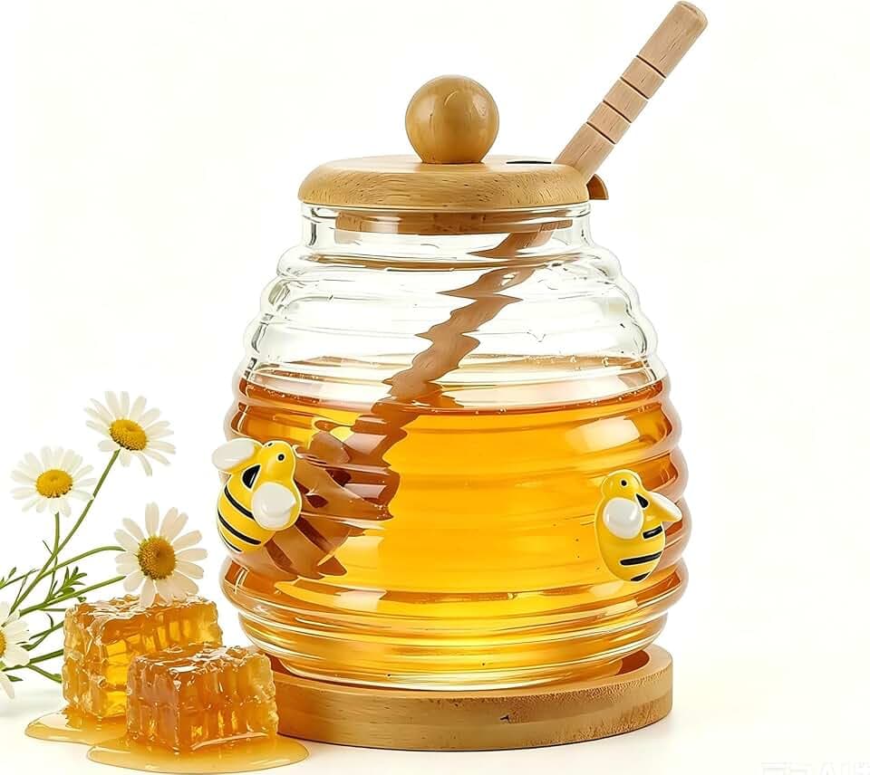 500ML Honigspender, Honigglas mit Honiglöffel Holz und Untersetzer,Honey Dispenser Rundgläser Bienen Honig Honey Dispenser Sirupbehälter Glas für Kaffee Oder Tee Küche Hause