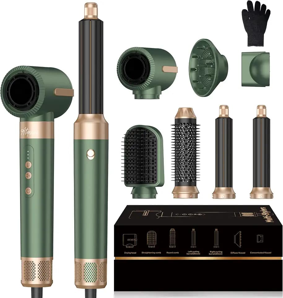 Atopskins Hairstyler Warmluftbürste 7 in 1 Airstyler set,110000 RPM Ionen Haartrockner Set mit Föhn,Luftstrom Rundbürsten Föhnbürste, Lockenstab,Glättbürste,für Haar Volumen, Glätten,Locken und Föhnen