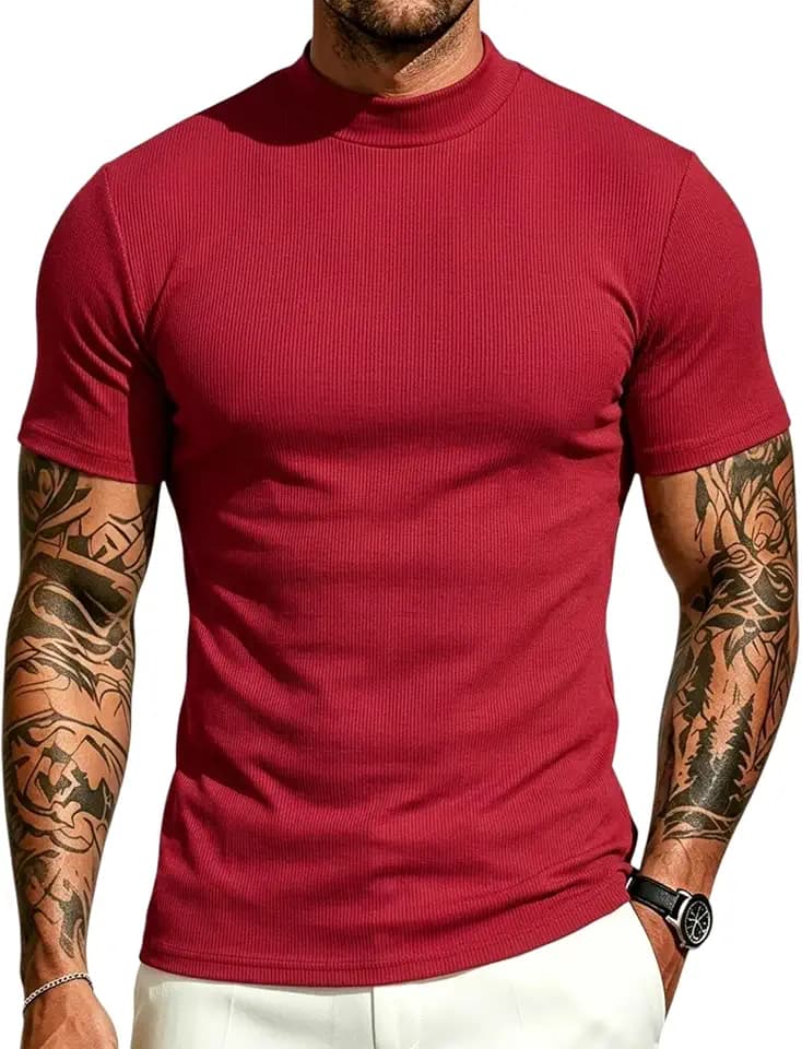 Lexiart Men's Mock Turtleneck T-Shirt Basic Short Sleeve Solid Pullover Top