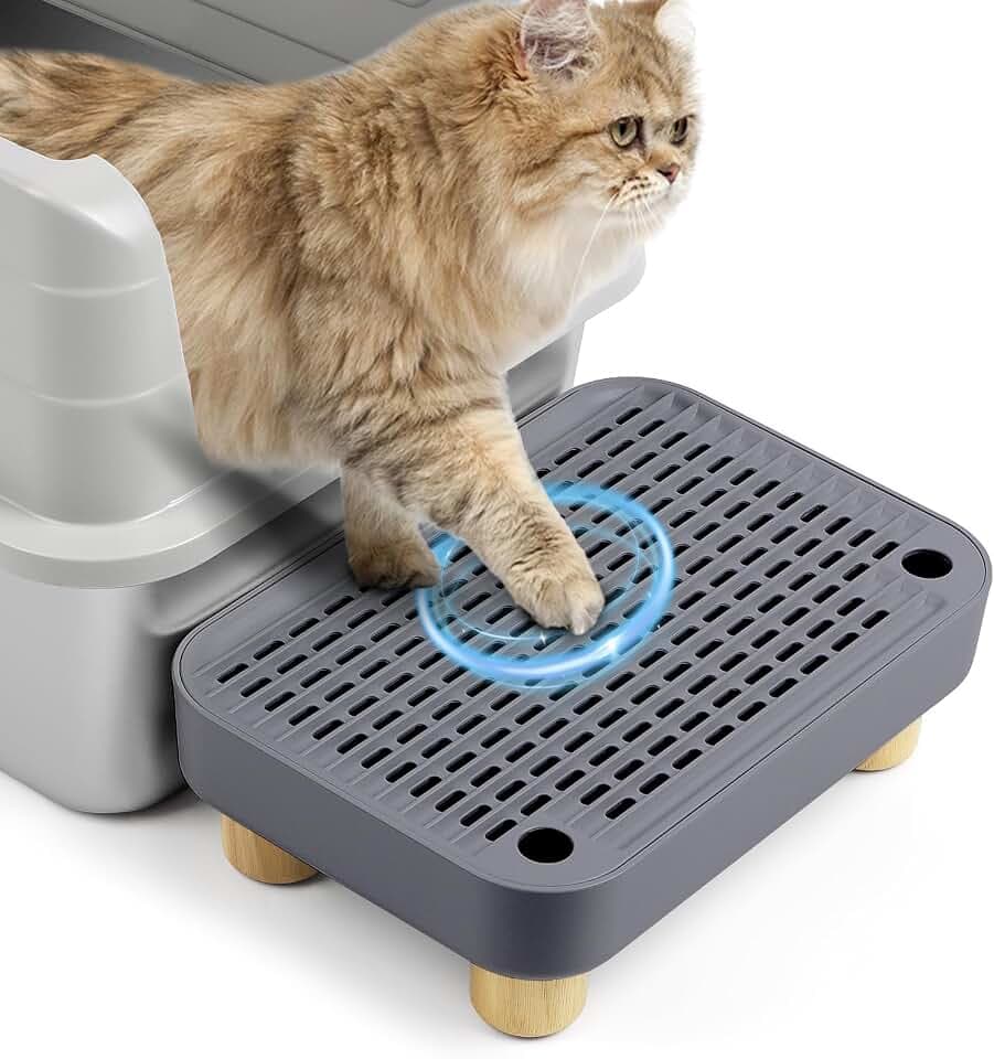 Erhöhte Katzenklo-Rampe, Katzentreppe mit Holzfüßen, Katzenstreu-Filterpedal für automatische selbstreinigende Roboter-Katzentoilette, ideal für Kätzchen und ältere Katzen(Dunkelgrau)