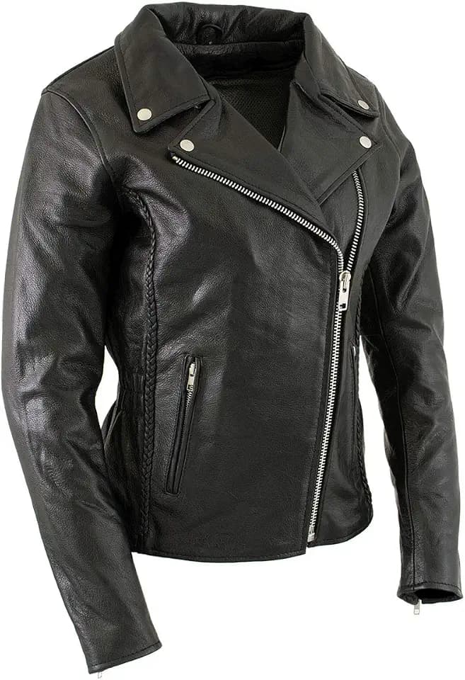 Milwaukee Leather LKL27001 Women's Classic Braided Premium Black Leather Fitted Motorycle Riders Biker Jacket