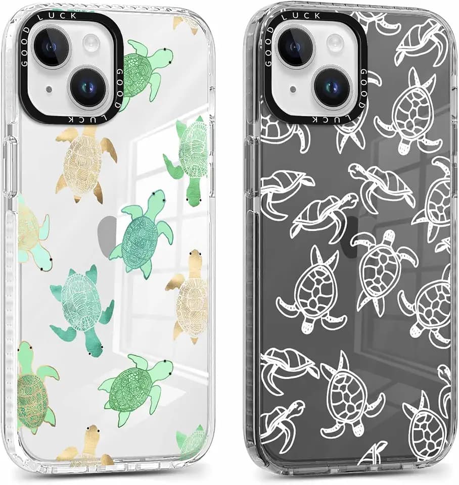 ZhuoFan 2 Stück Handyhülle Durchsichtige für iPhone 13 / iPhone 14 Hülle 6,1", Weich Silikon Schutzhülle Aesthetic Schildkröte Muster Design Case Ultra Dünn PC Stoßfest Kratzfest Bumper Cover, 17