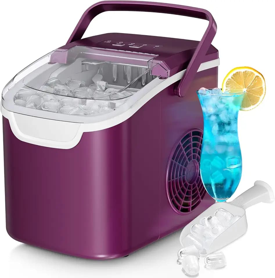 Countertop Ice Maker Machine, 8 Ice Cubes in 6 mins, 26lb/Day Bullet Ice with 2 Sizes- Portable Mini, Energy Saving & Basket/Scoop for Home/Party/Travel/Camping/Bar,Purple