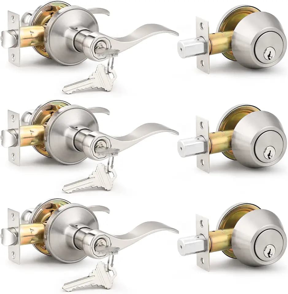 Probrico Entrance Door Lever Deadbolt Sets 3 Set Satin Nickel Exterior Entry Lever and Single Cylinder Deadbolt,Keyed Alike Combo, Keyed Handleset Lockset Exterior(for Front Door and Outside Gate)