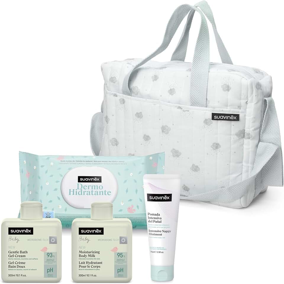Suavinex, Baby-Wickeltasche mit Kosmetik: weiches Waschgel 300 ml + Feuchtigkeitsmilch 300 ml + Wickelcreme 75 ml + Tücher 60 Einheiten. Geschenk zur Geburt für Mädchen und Jungen, Korb für