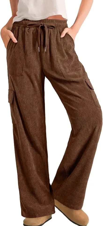 Sidefeel Womens Corduroy Pants Casual High Waisted Elastic Drawstring Cargo Loose Fit Wide Leg Pants with Pockets