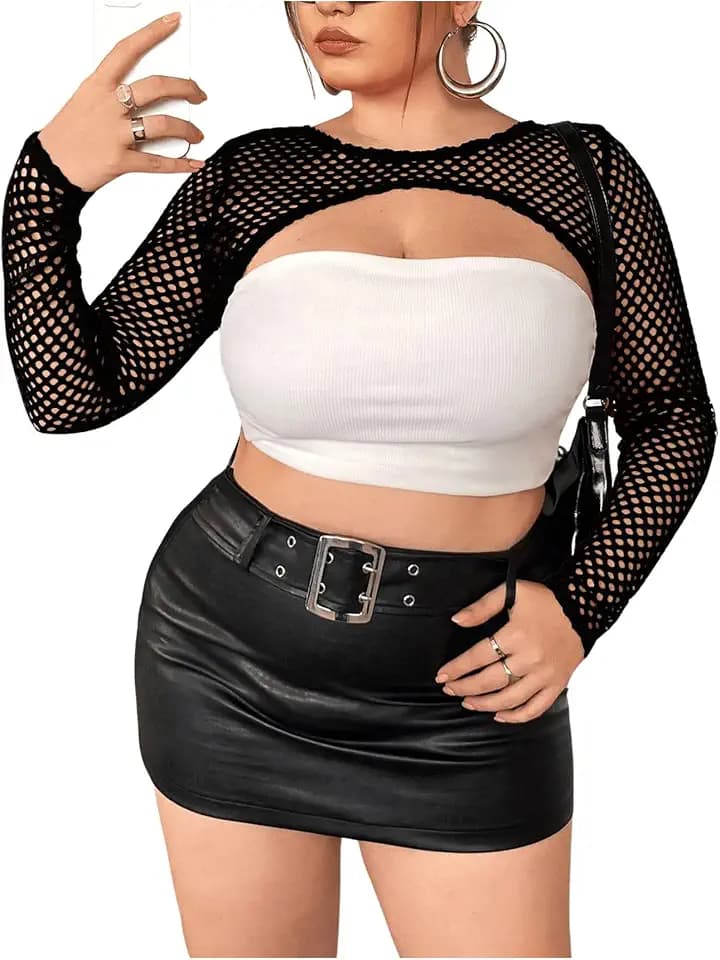 WDIRARA Women's Plus Size Fishnet Sheer Mesh Round Neck Long Sleeve Super Crop Top