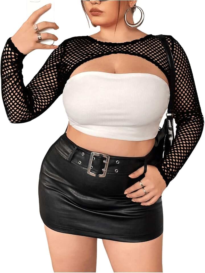 WDIRARA Women's Plus Size Fishnet Sheer Mesh Round Neck Long Sleeve Super Crop Top