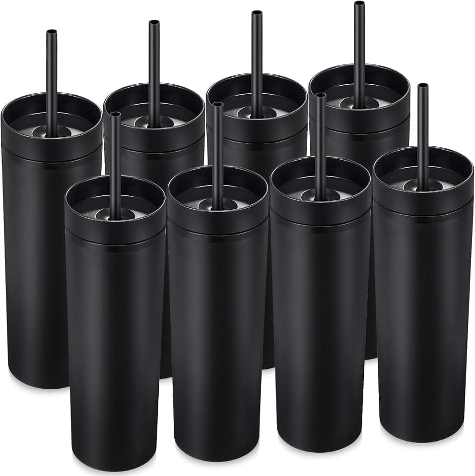 Mimorou 8 Pack Skinny Tumbler Bulk with Lids and Straws 16 oz, Black