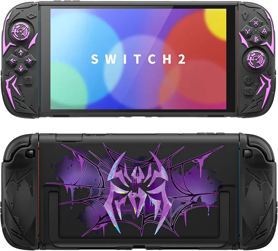 PlayVital Cyber Spider Protective Case for Nintendo Switch 2, Ergonomic Anti-Slip Silicone Grip Covers, Dockable Hard Case Shell for Switch 2 with Joystick Cap, Shockproof Skin - Black