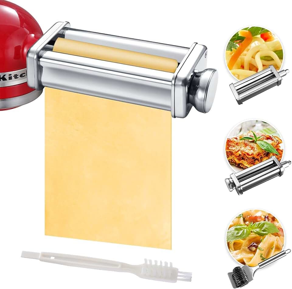 Gdrtwwh Pasta Maker Aufsatz-Set für KitchenAid Standmixer, inklusive Nudelgitterrolle, Spaghetti-Schneider, Nudelroller und Reinigungsbürste aus Edelstahl Manuell