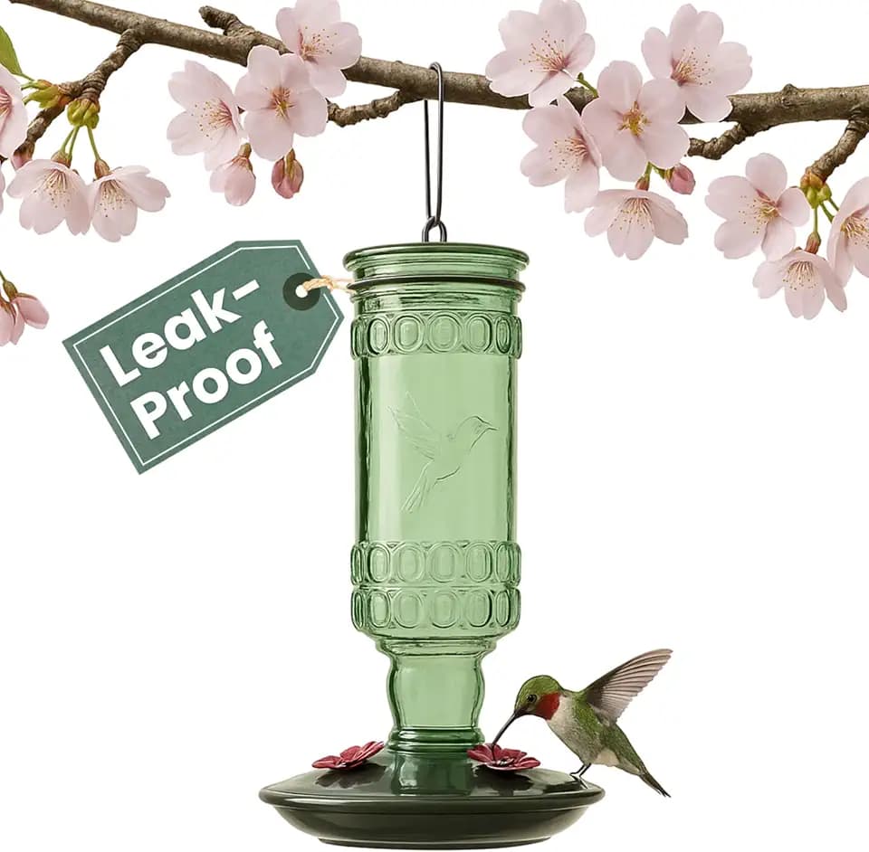 Perky-Pet Antique Glass Bottle Hummingbird Feeder, 10 oz Capacity, Green