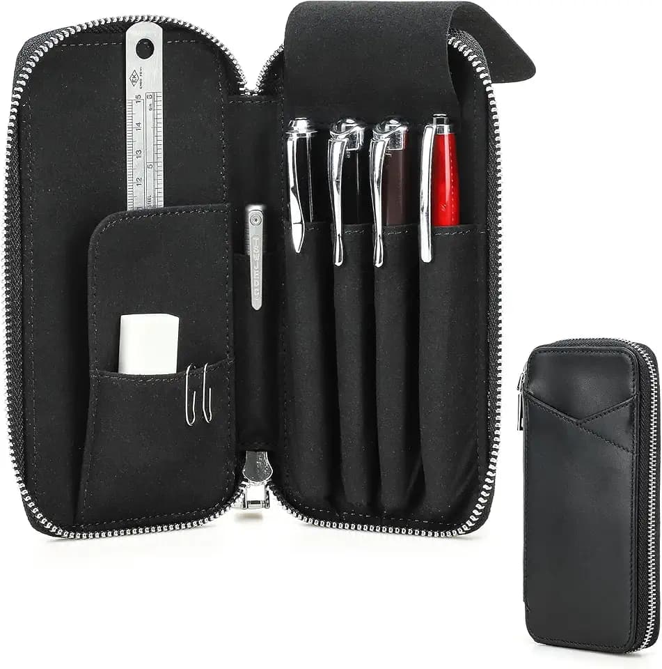 Contacts Stifteetui aus Leder mit 4 Fächern, Reißverschluss, Bleistift-Organizer-Taschen, Schreibwaren-Tasche für Herren/Damen, Vintage-Büro-Stifttasche mit Kartenschlitz
