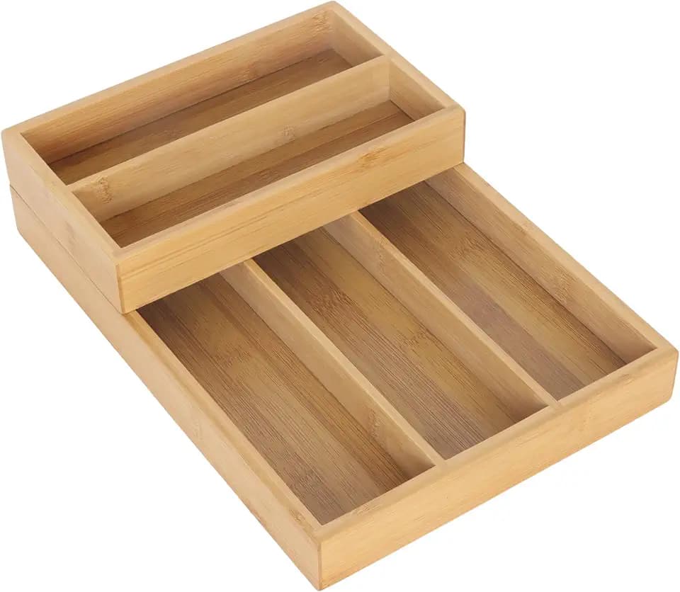 Relaxdays Besteckeinsatz Bambus, 2-teilig, 6 Fächer, stapelbar, Schubladeneinsatz, Besteckkasten platzsparend, Natur