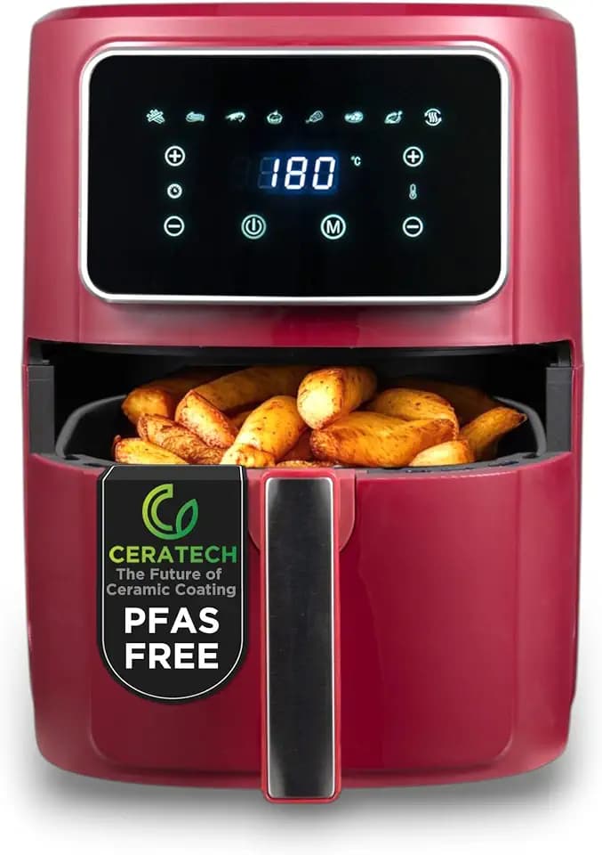 BERGNER MAROON - PFAS-Freie Heißluftfritteuse 1800W 6.9L - 8 Kochprogramme - Air Fryer mit Keramikbeschichtung - Temperatureinstellung 80-200°C - Timer bis zu 30 min - Gesundes & Ölfreies braten