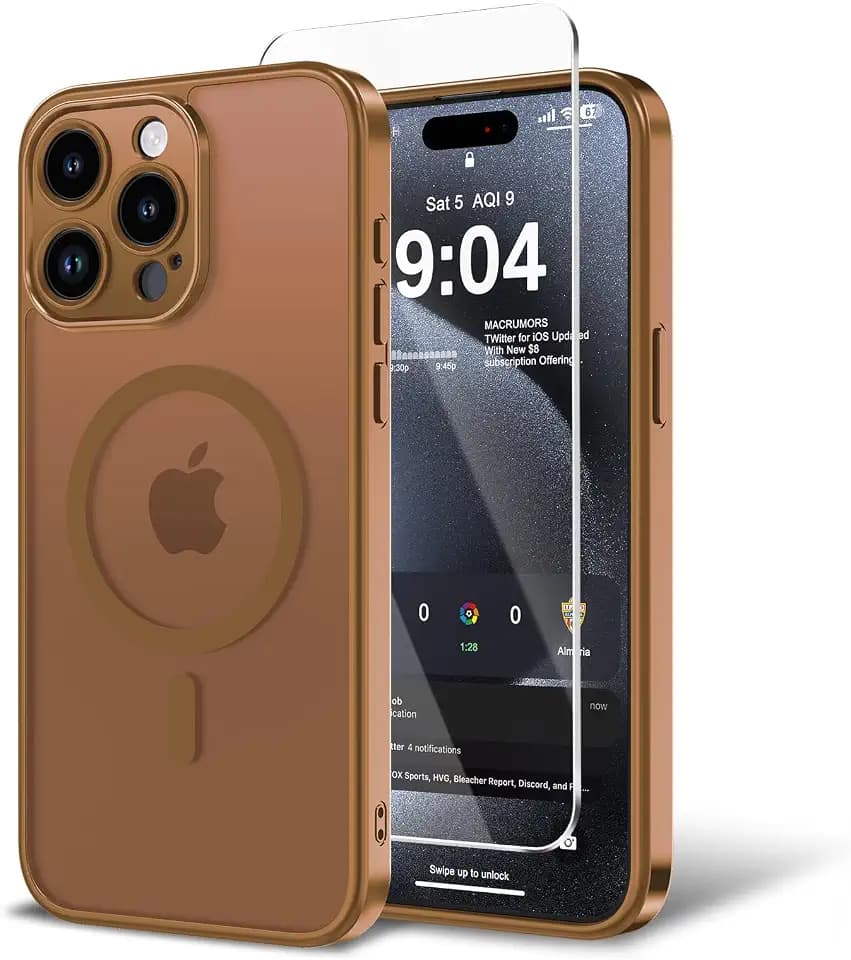 Magnetic Case for iPhone 15 Pro Max with Screen Protector, [Compatible with Magsafe] Ultra Slim Translucent Matte Shockproof Protection Phone Cover-Brown