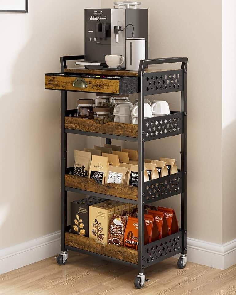 Giwil 4-Tier Rolling Storage Cart with Drawer and Wheels for Coffee Bar