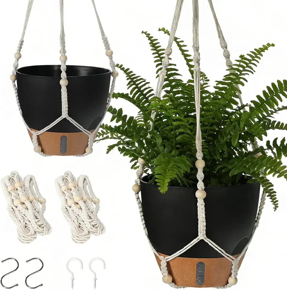 Self-Watering Hanging Planters for Indoor Plants Set 2-Piece Includes Plant Hanging Pot, Drainage-Hole Hanging Pot, and Hanging Basket Rack (10 Inches, Black)