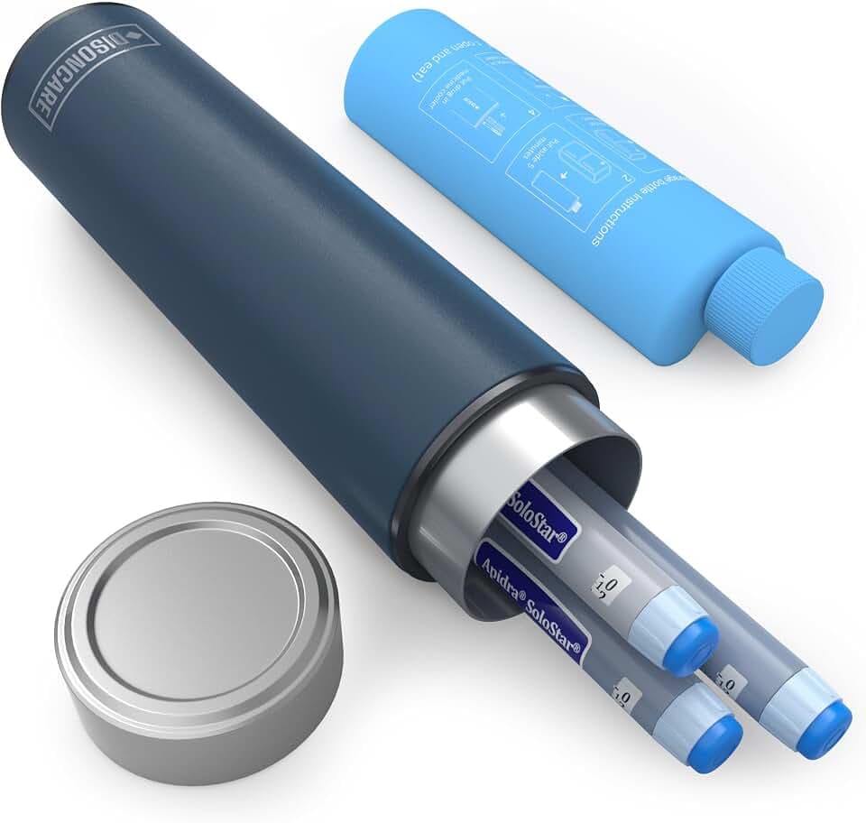 DISONCARE 60H Insulin Stifte Kühlbehälter, fasst 1‑3 Stifte je nach Modell, 2‑8°C Medikamenten Kühlbox, TSA zugelassene Diabetes Insulin Kühltasche mit 2 Gel Eispackungen (Navy Blau)