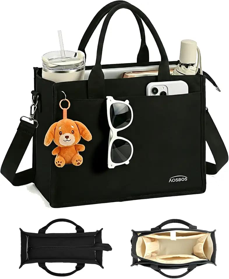 Aosbos Canvas Tote Bag for Women With Zipper,14" Laptop Tote Bag for Work