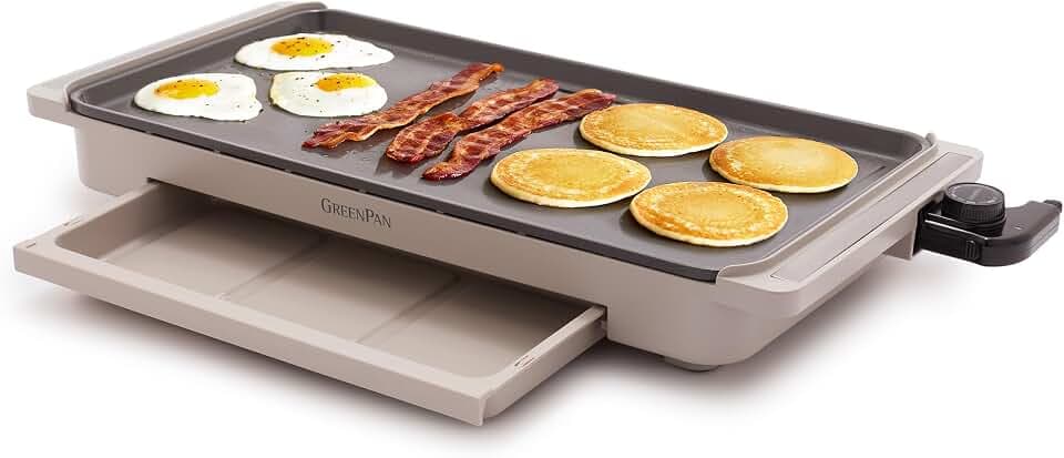 GreenPan Advanced 10.5”x 20” Electric Griddle with Warming Drawer, Ceramic Nonstick PFAS-Free Coating, Temperature Control, Easy and Versatile Countertop Meals, Dishwasher Safe, Clay