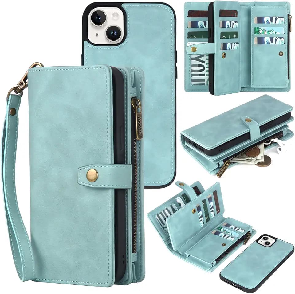TwoHead for iPhone 15 Wallet Case with 11 Card Holders,Blue